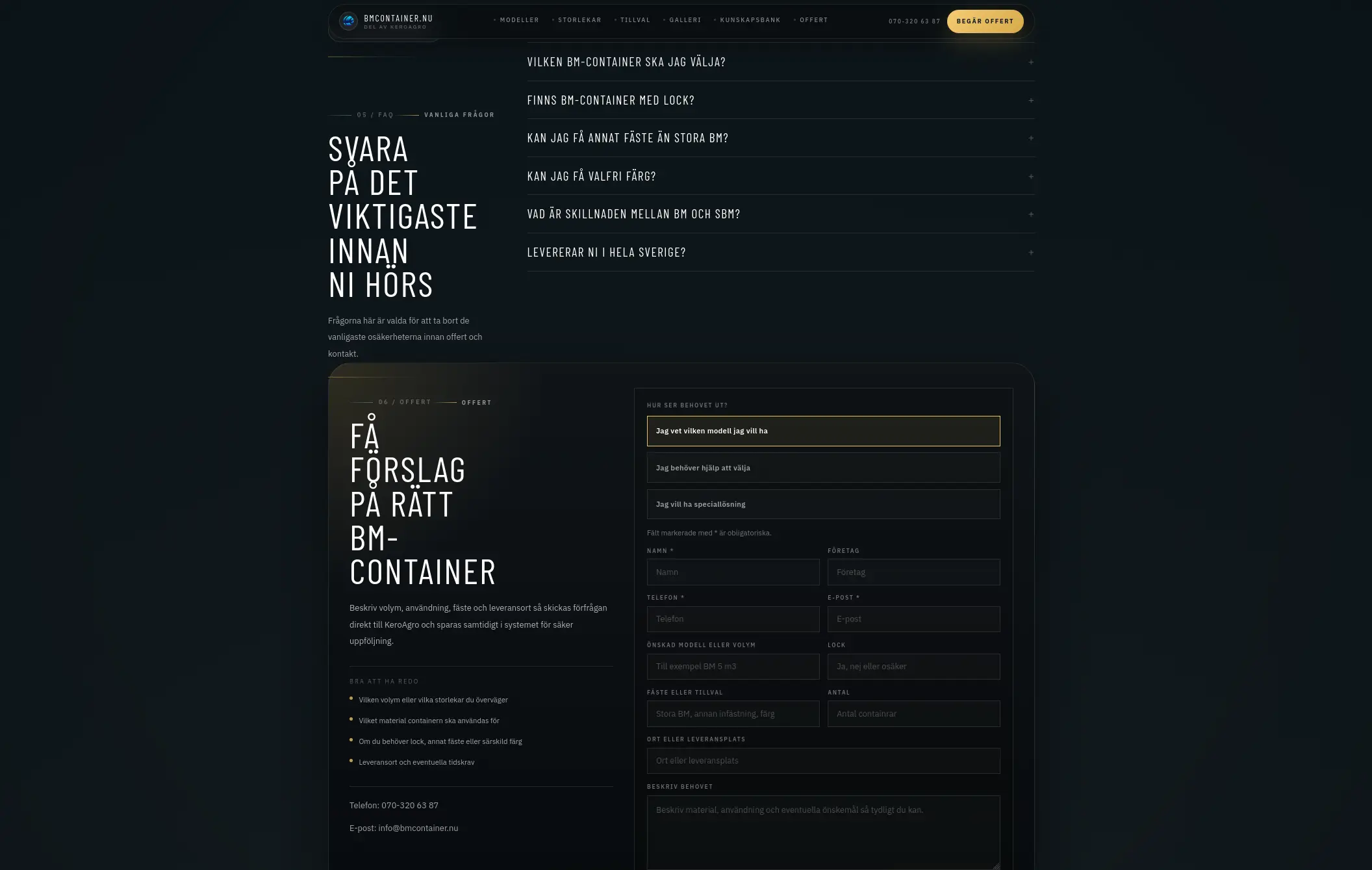 bmcontainer.nu på desktop – FAQ och offertsektion