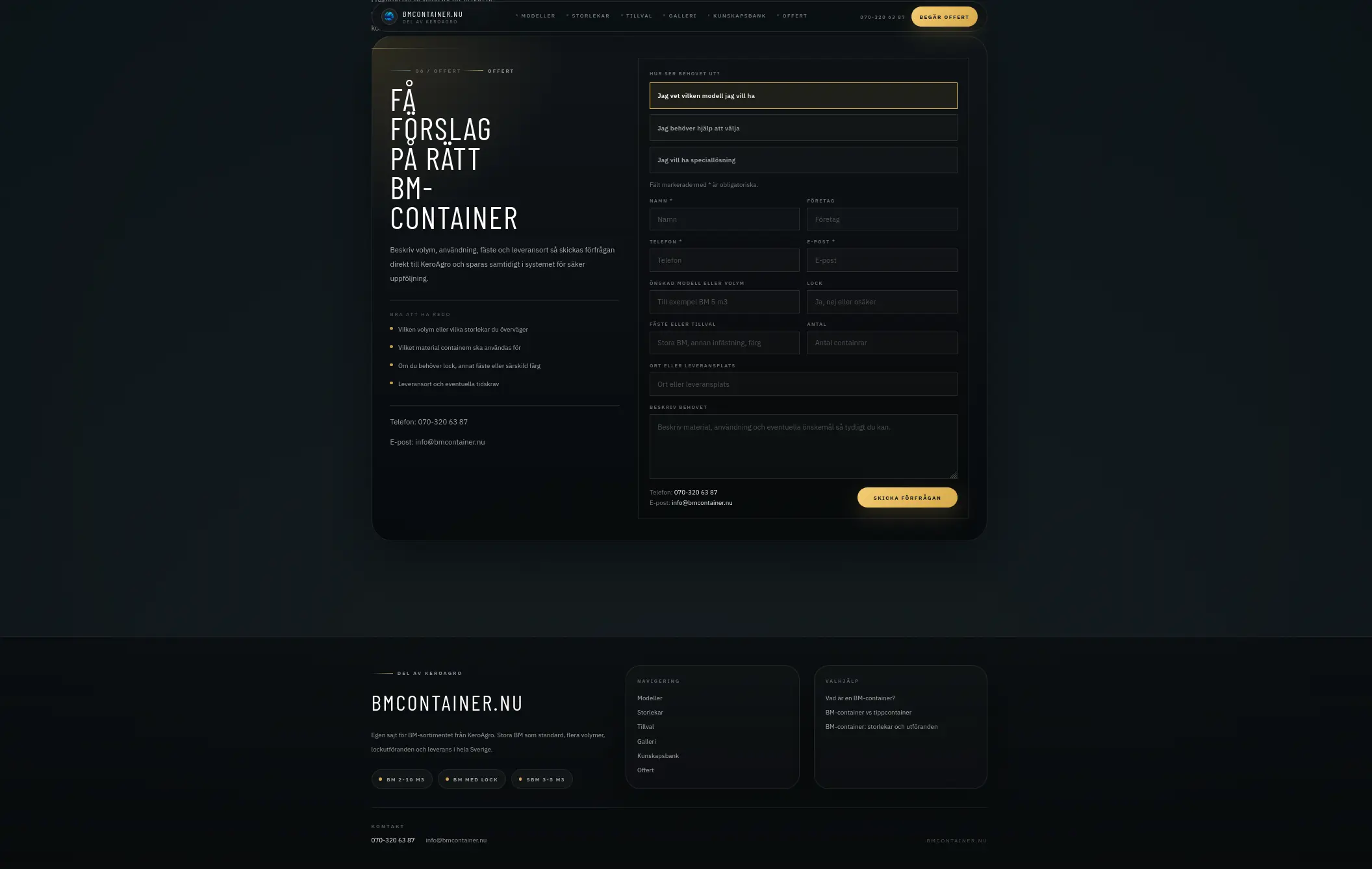 bmcontainer.nu på desktop – offertformulär
