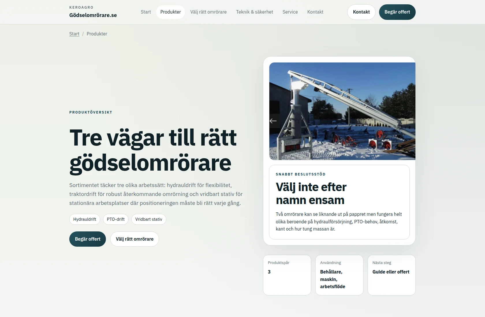gödselomrörare.se on desktop – product overview with three main tracks