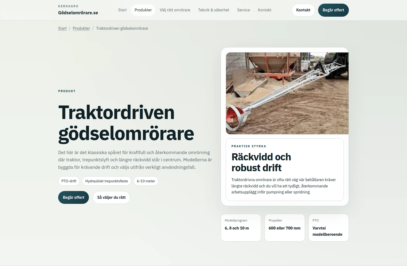 gödselomrörare.se on desktop – PTO-driven agitator product page