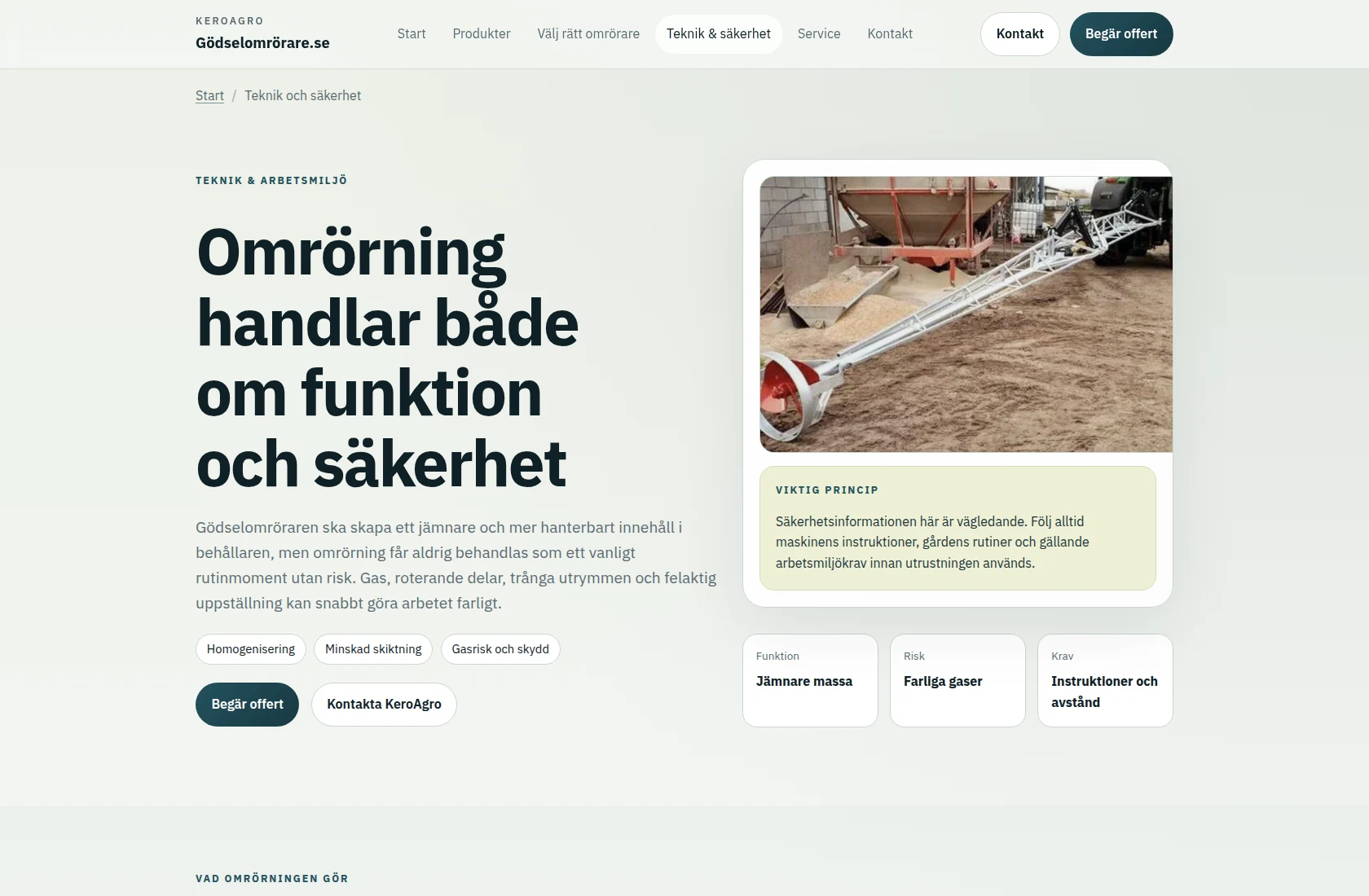 gödselomrörare.se on desktop – technology and safety page