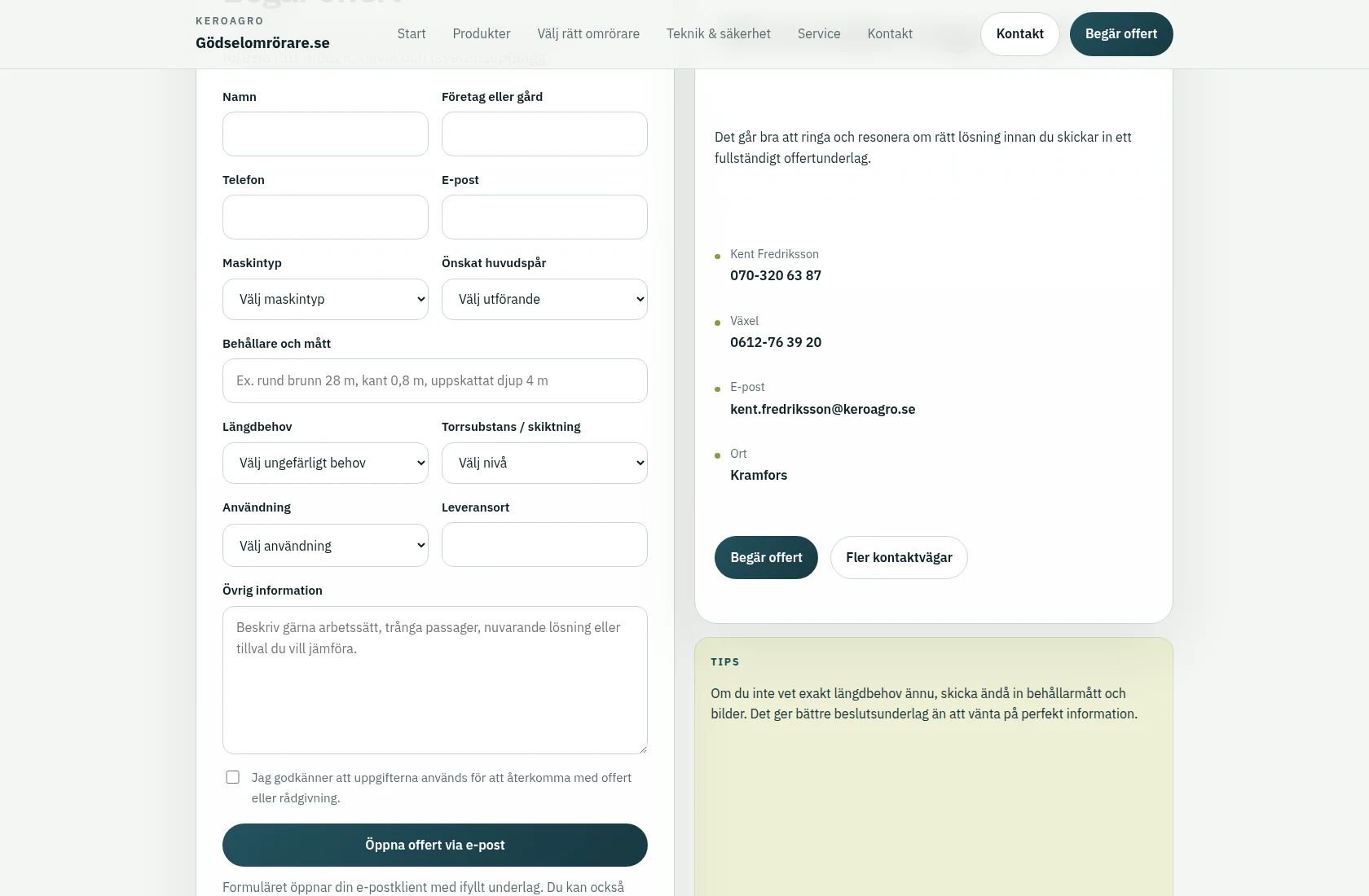 gödselomrörare.se on desktop – quote form with qualifying fields