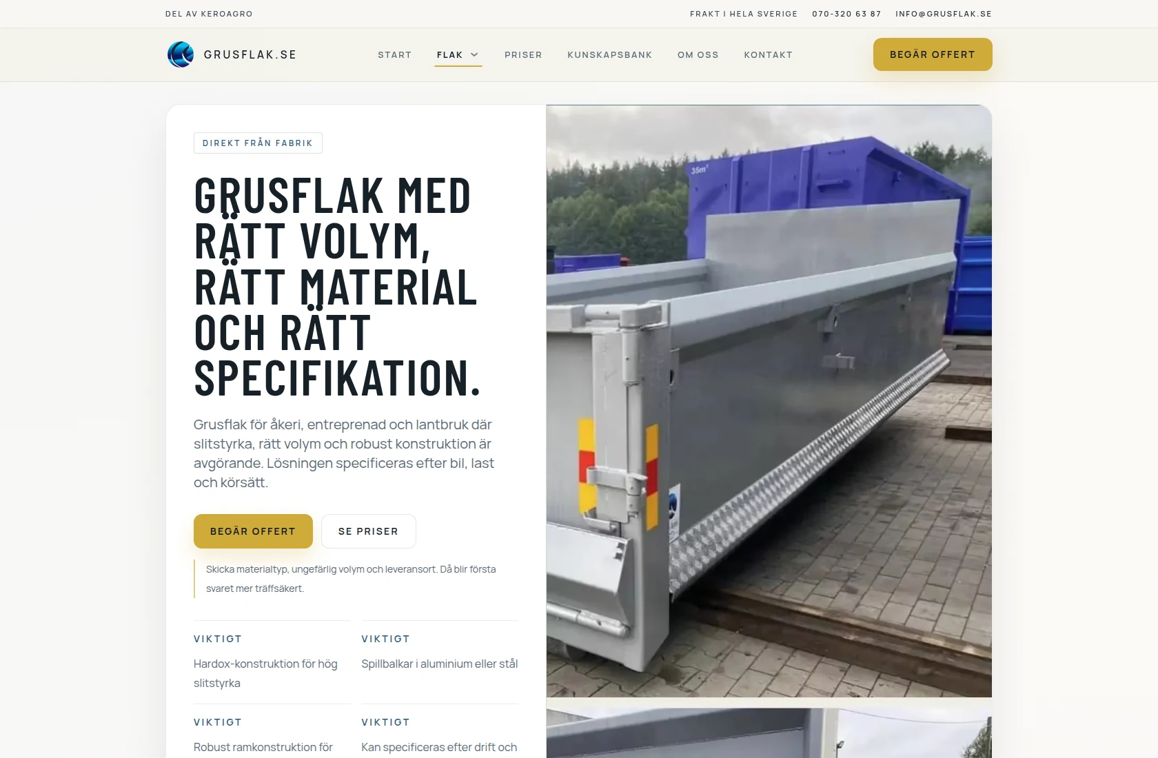 grusflak.se on desktop – dump body product page with decision support