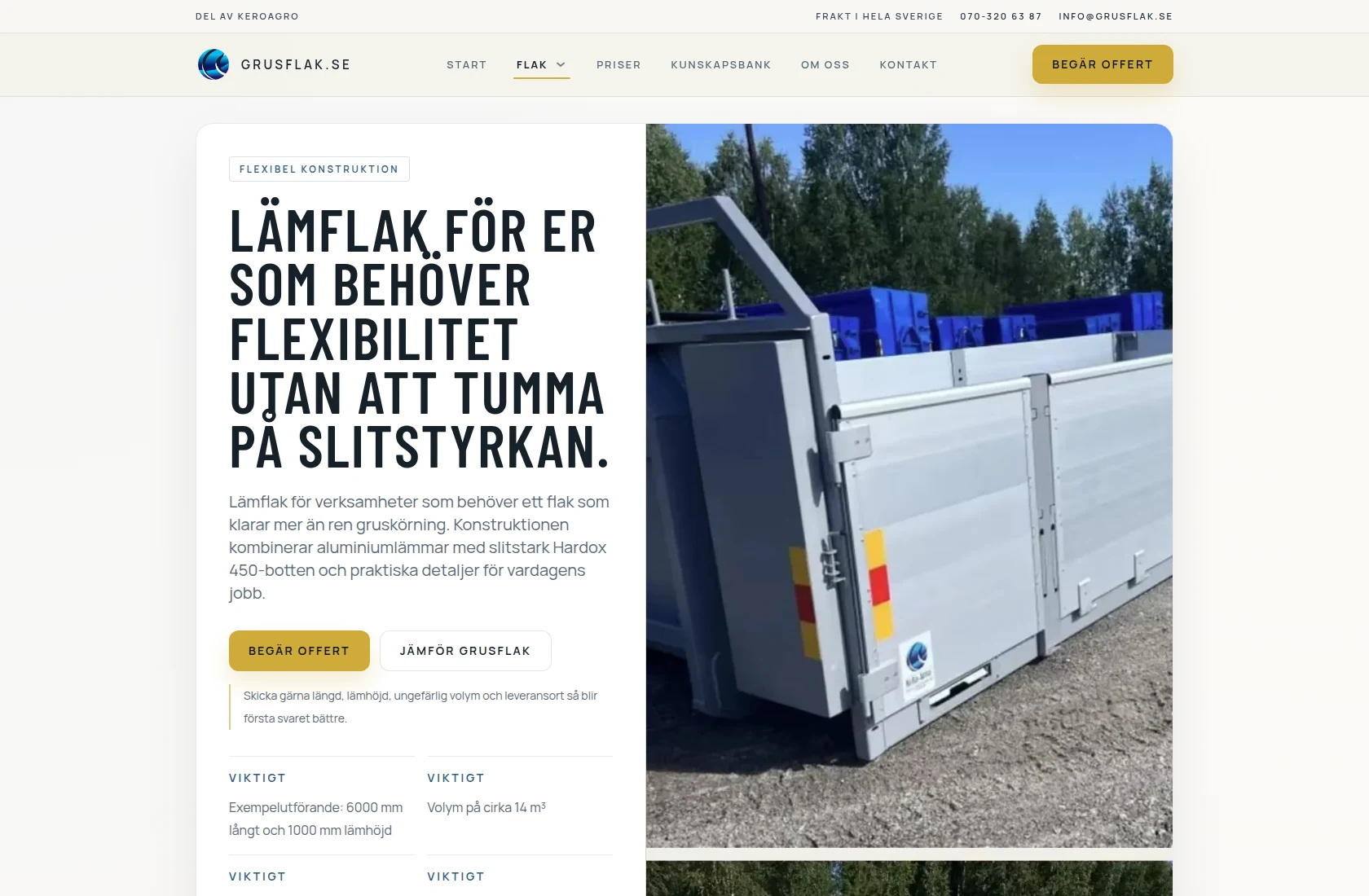 grusflak.se on desktop – side-board body page with specification focus