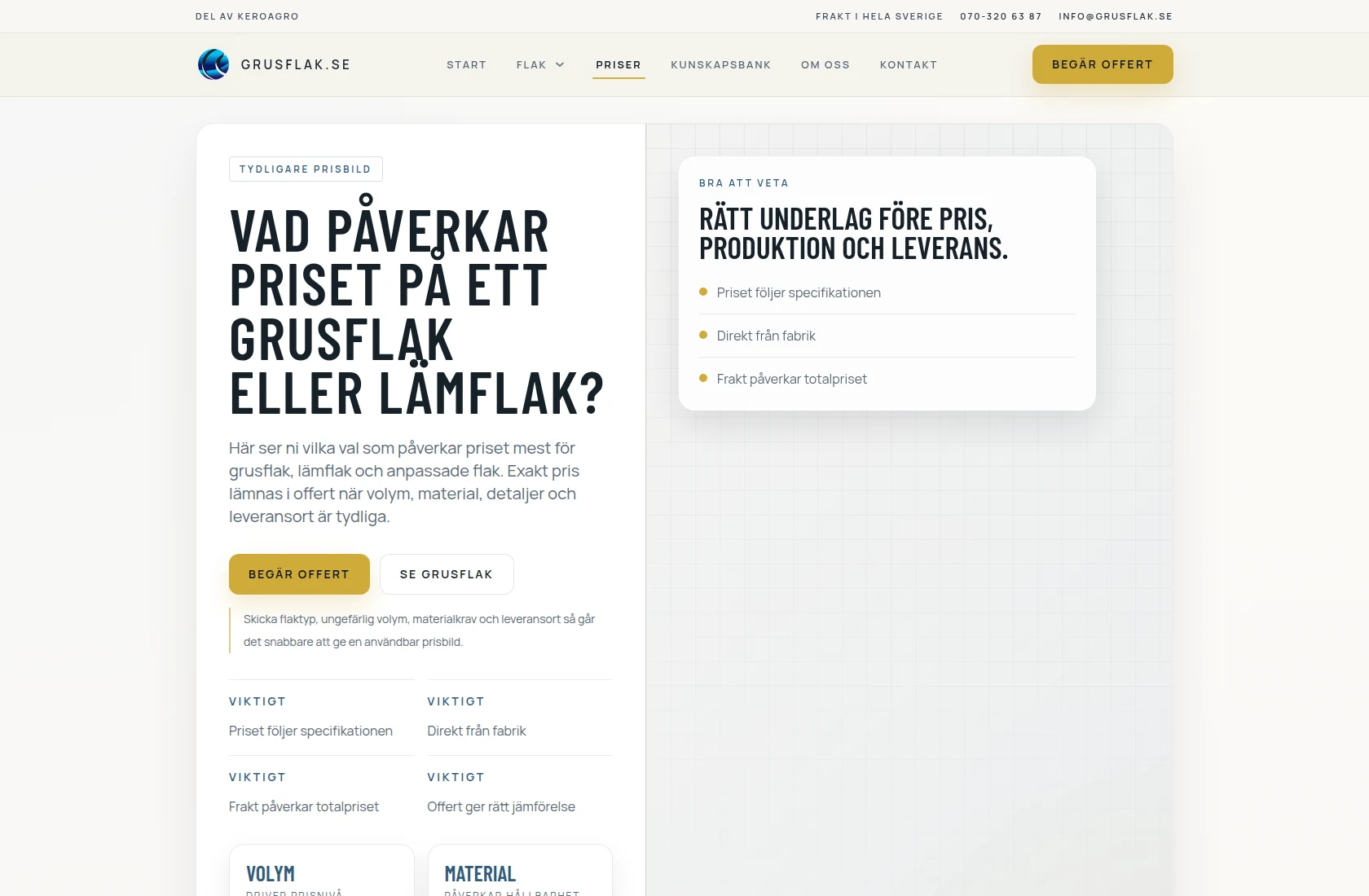 grusflak.se on desktop – pricing page with a clear route to quote