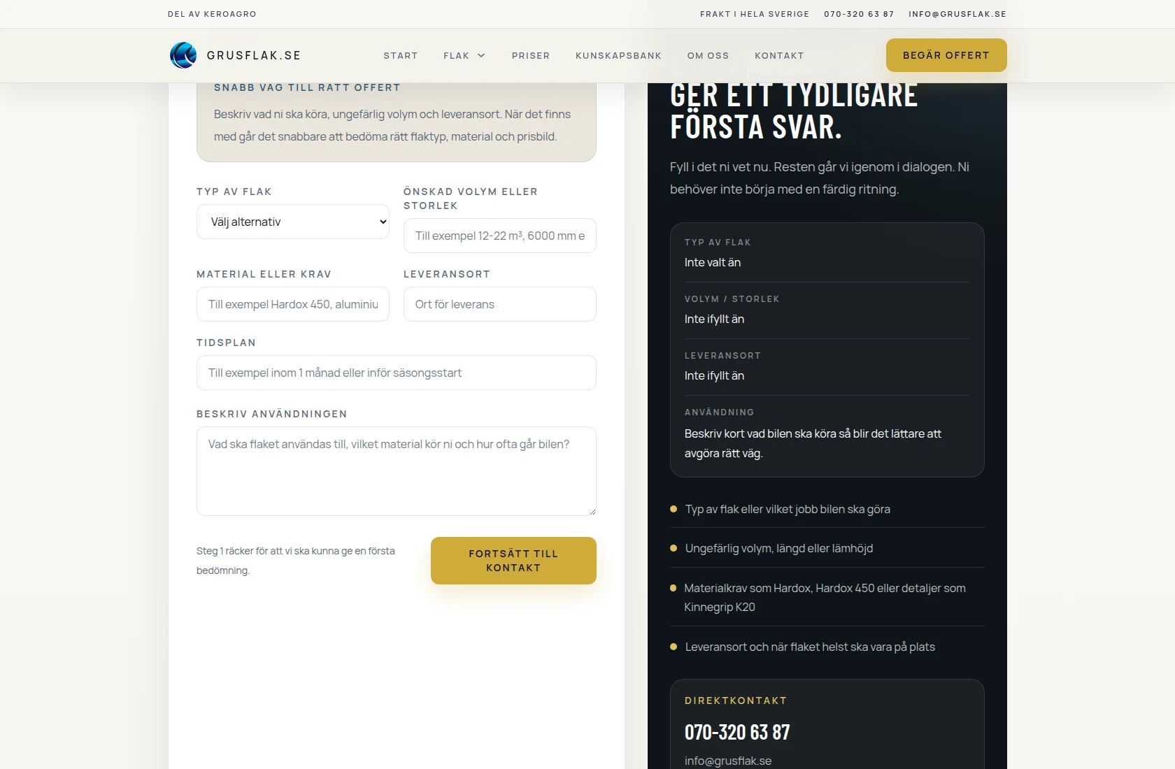 grusflak.se on desktop – quote form with a clearer brief