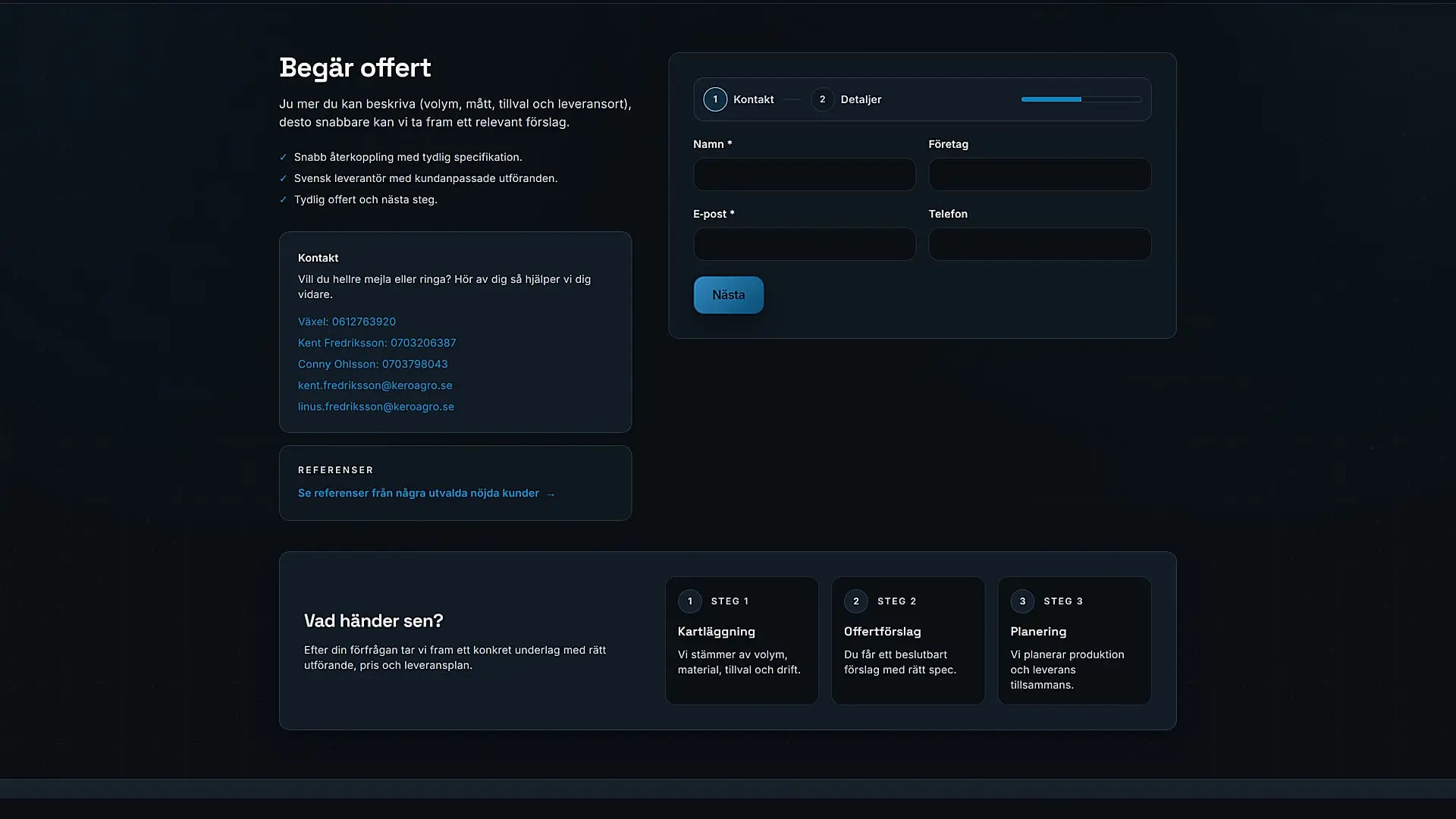 Keroagro webbplats på desktop – produktöversikt med tydlig kontaktväg