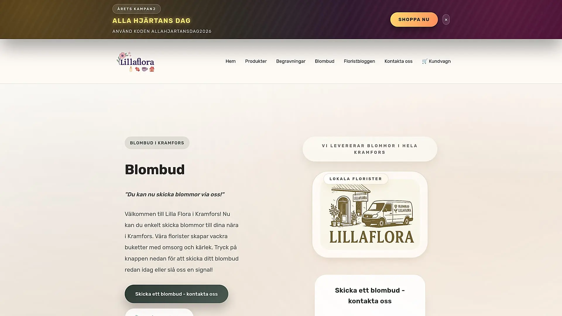 Lillaflora webbplats på desktop – produktsida