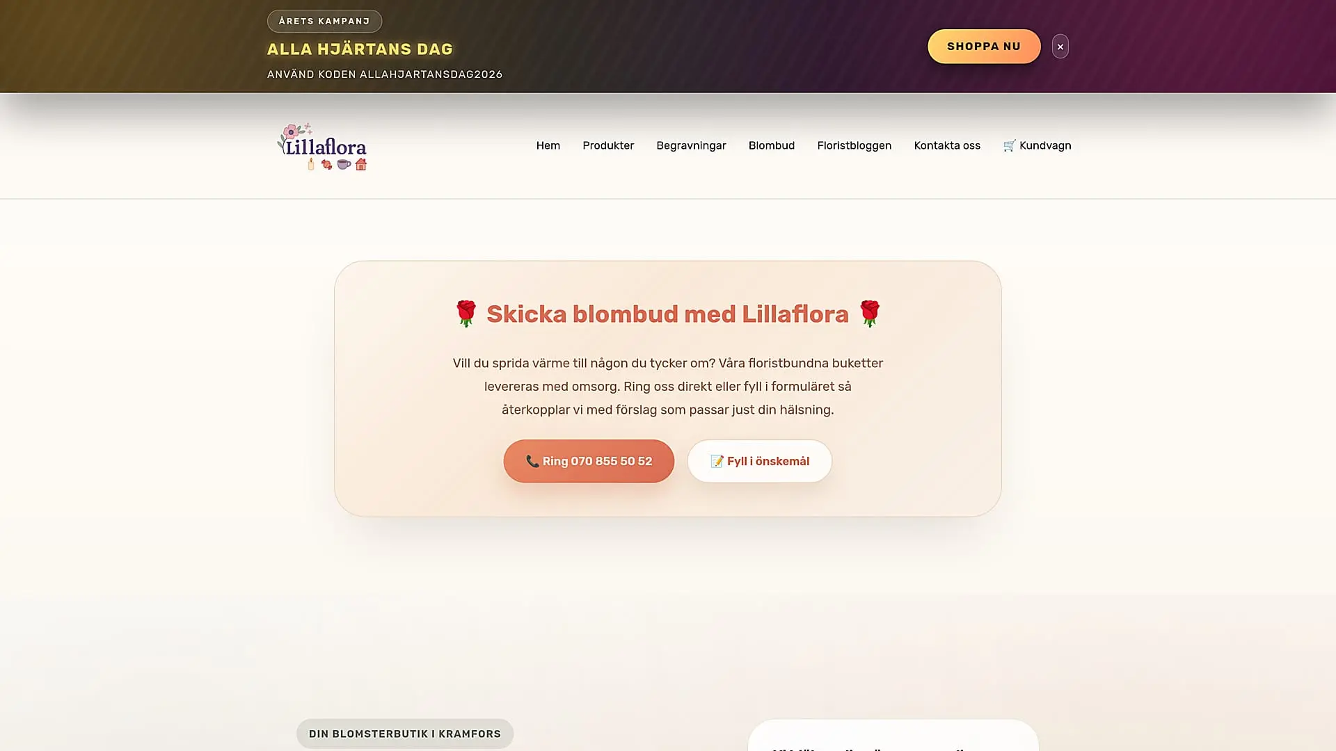 Lillaflora webbplats på desktop – checkoutflöde