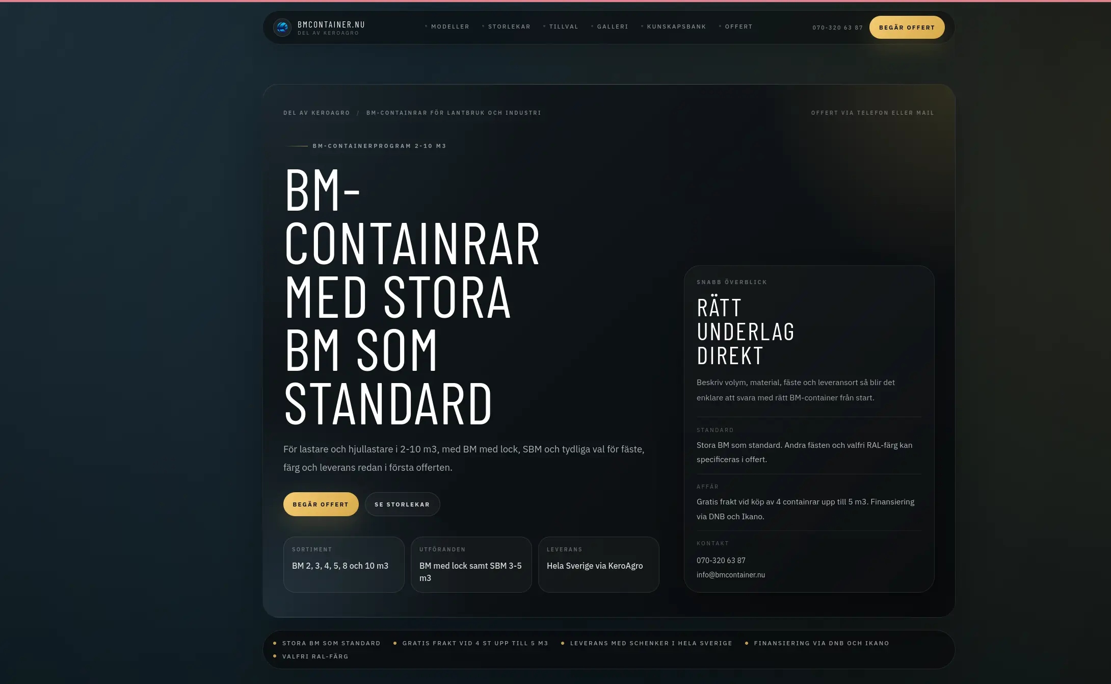 bmcontainer.nu på desktop – startsida med offertfokus