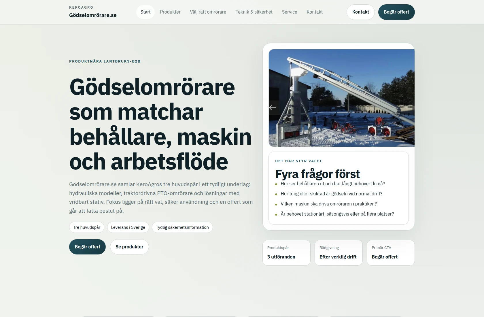 gödselomrörare.se på desktop – startsida med tre tydliga produktspår