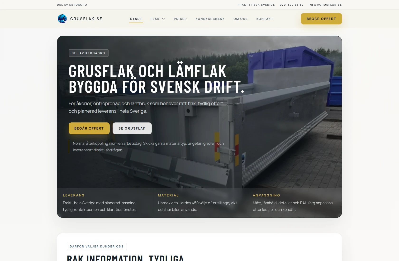 Förhandsvisning av grusflak.se – nischad produktsajt för grusflak och lämflak direkt från fabrik